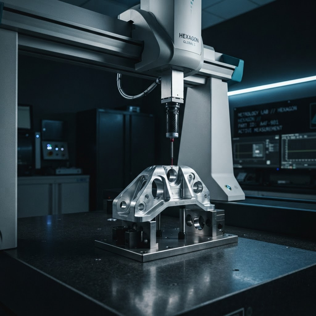 Coordinate measuring machine inspecting a machined aerospace component in a metrology lab