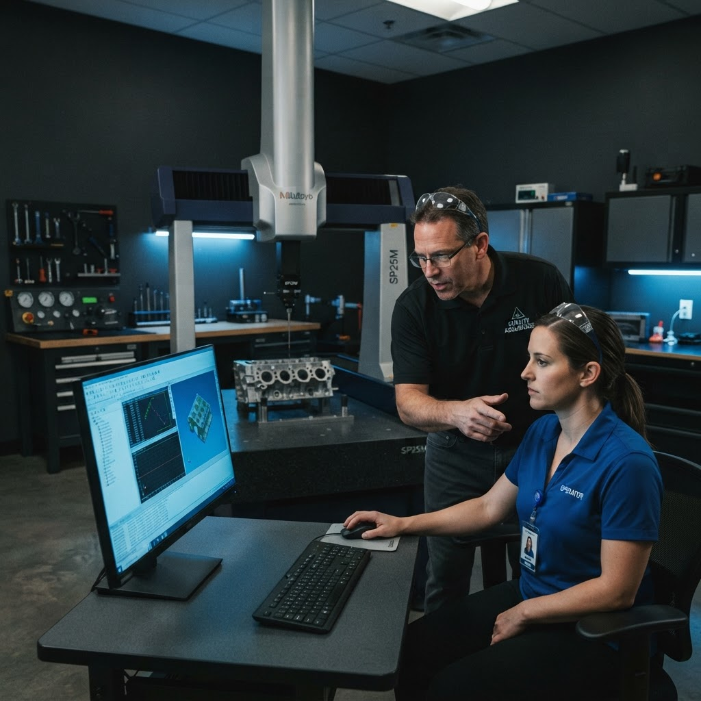 A metrology trainer explaining a CMM measurement program to an operator beside a CMM machine